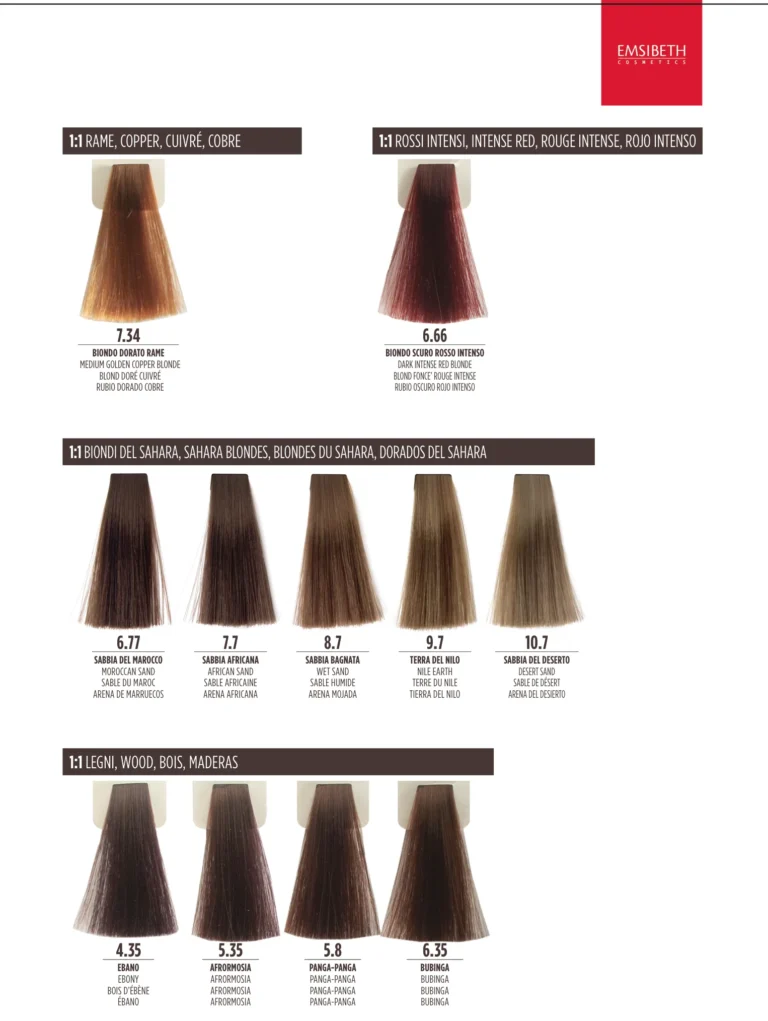 Emsibeth Chroma Key-Time Farbkarte Teil 2: Kupfer 7.34, Intensivrot 6.66, Sahara-Blond 6.77–10.7 und Holztöne 4.35–6.35
