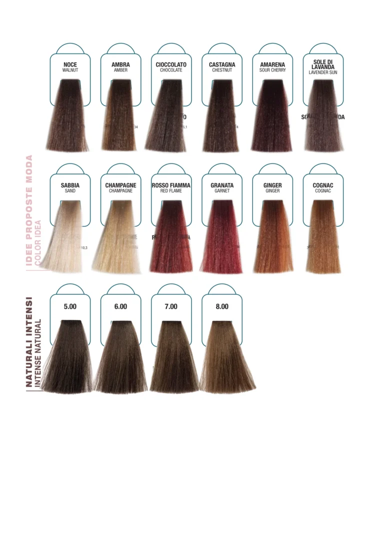 Emsibeth Thermal Color Farbkarte Teil 3: Modetöne Noce, Ambra, Cioccolato, Castagna, Amarena, Lavanda, Sabbia, Champagne, Rosso Fiamma, Granata, Ginger, Cognac und intensive Naturtöne 5.00–8.00