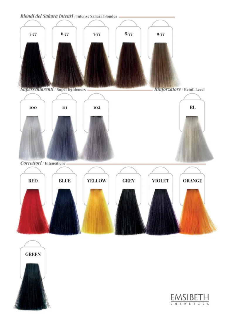Emsibeth Chroma Key Authentic Farbkarte Teil 4: intensive Sahara-Blondtöne, Superaufheller, Aufhellungsstufe und Mixtöne Red, Blue, Yellow, Grey, Violet, Orange, Green