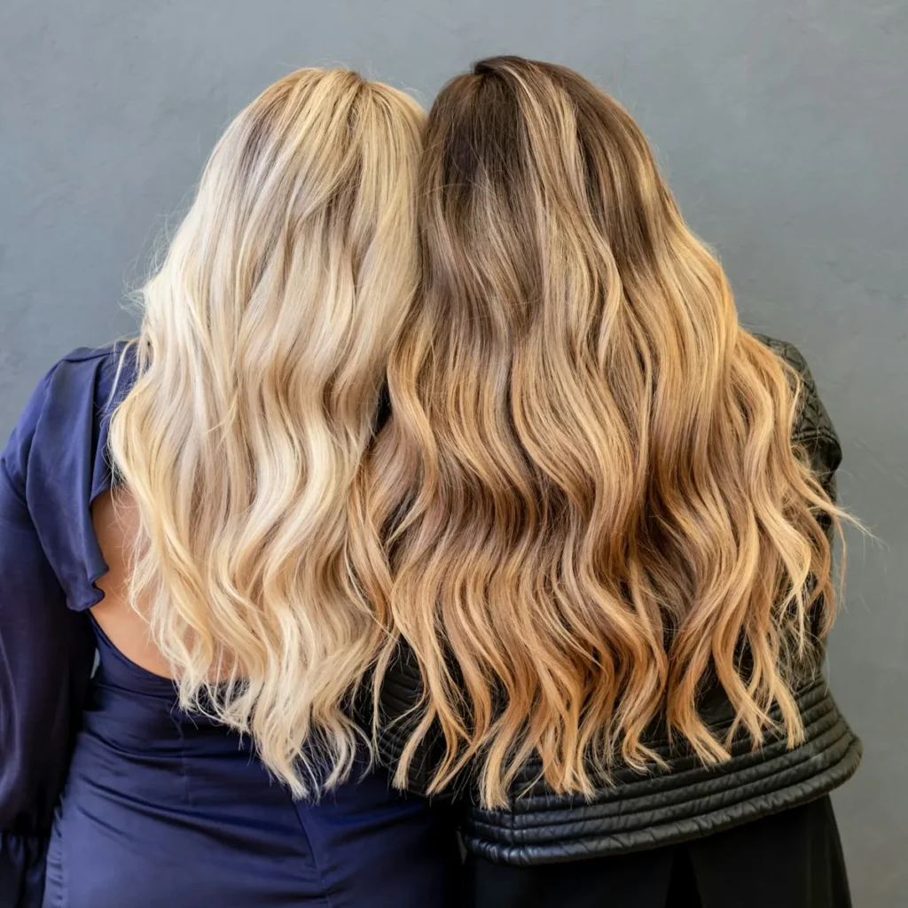 Zwei Frauen mit blond coloriertem, welligem Haar – Pflege für gefärbtes Haar